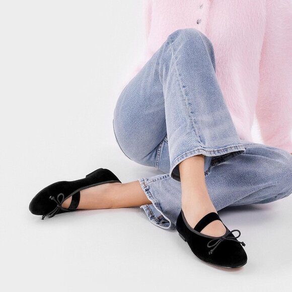 Women's Velvet Bow Black Upper Round Toe Ballerinas Pull On Flats Ballet Shoes - Picture 7 of 7